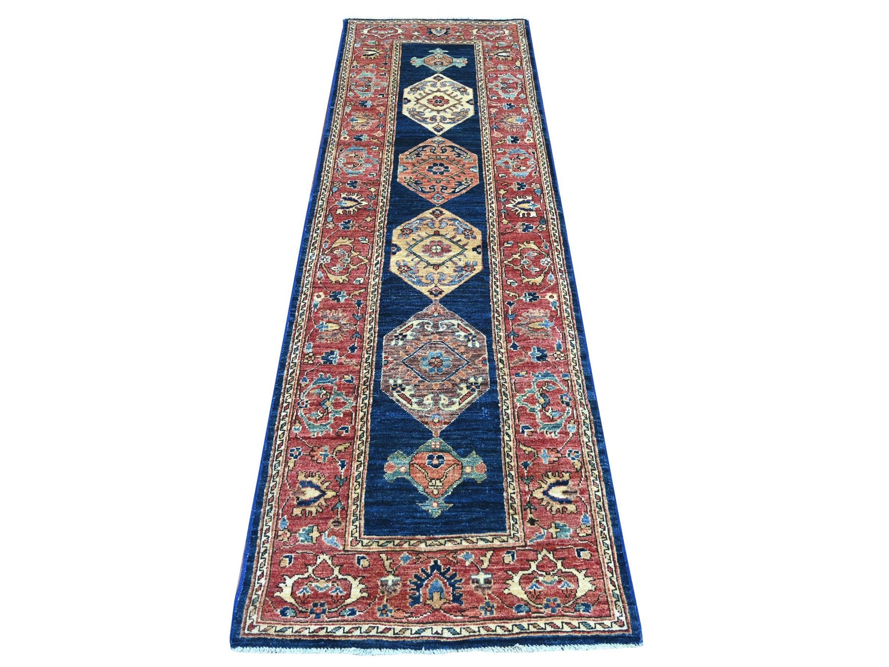 Blue 2'6" x 8'1" Tribal & Geometric Hand knotted Wool Rug - Sku: O021190
