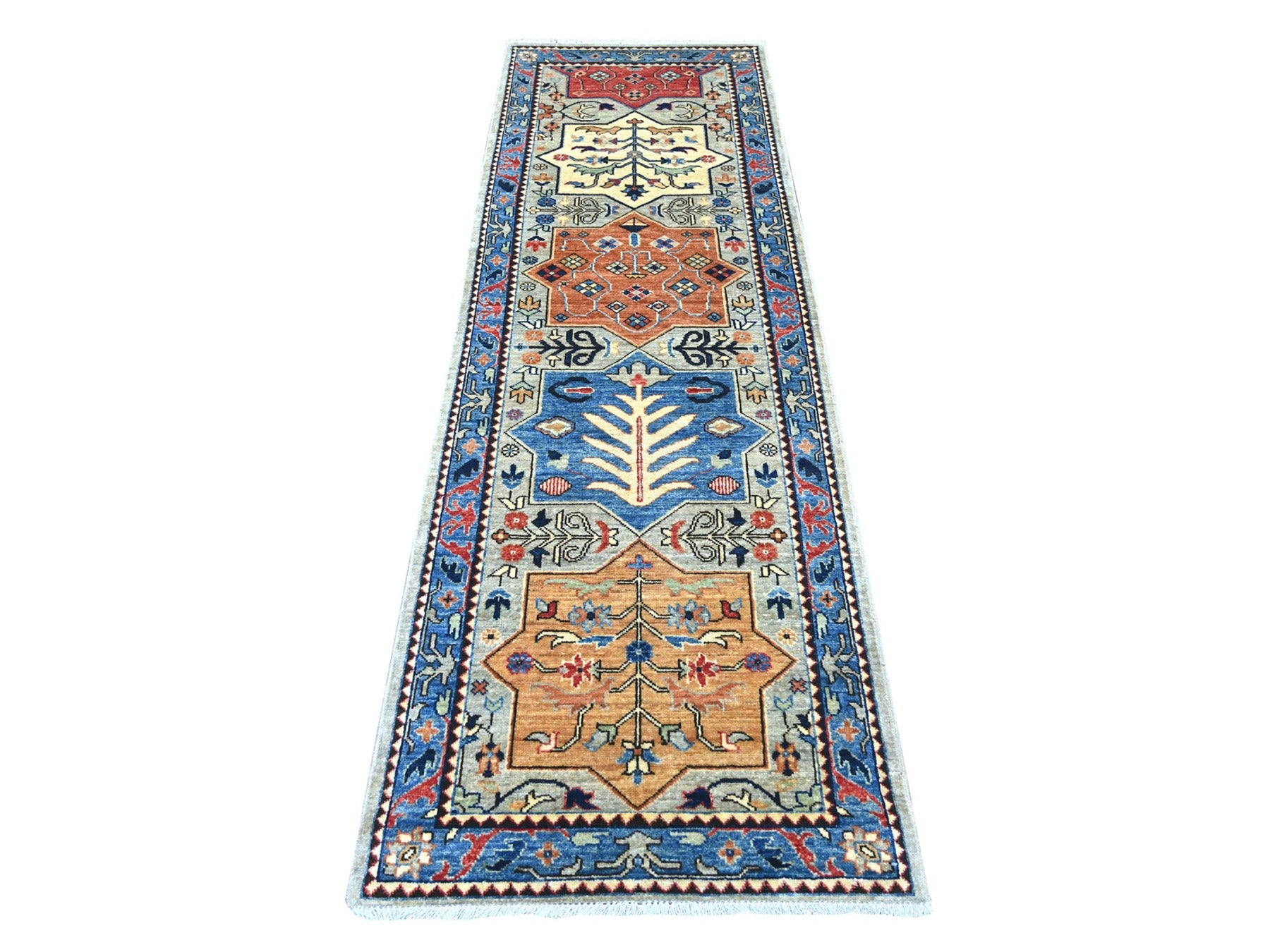 Peshawar Oushak hand-knotted wool runner in Gray & Blue, 2'7" x 8' — SKU O021191