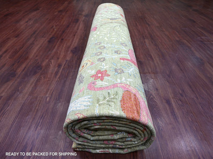 Green 11'11" x 15'8" Oushak And Peshawar Hand knotted Wool Rug - Sku: O021193