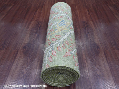 Green 2'6" x 14'11" Oushak And Peshawar Hand knotted Wool Rug - Sku: O021201