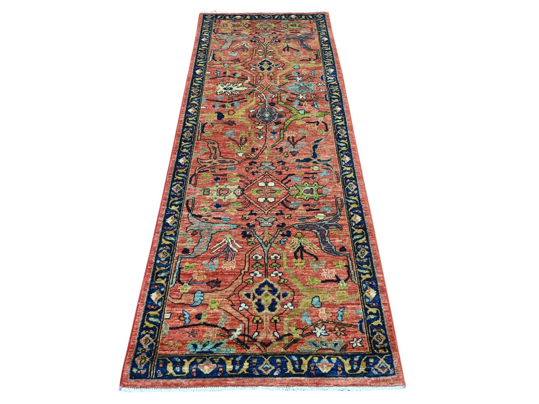 Peshawar Tribal & Geometric hand-knotted wool runner in Red & Navy Blue, 2'11" x 8' — SKU O021209