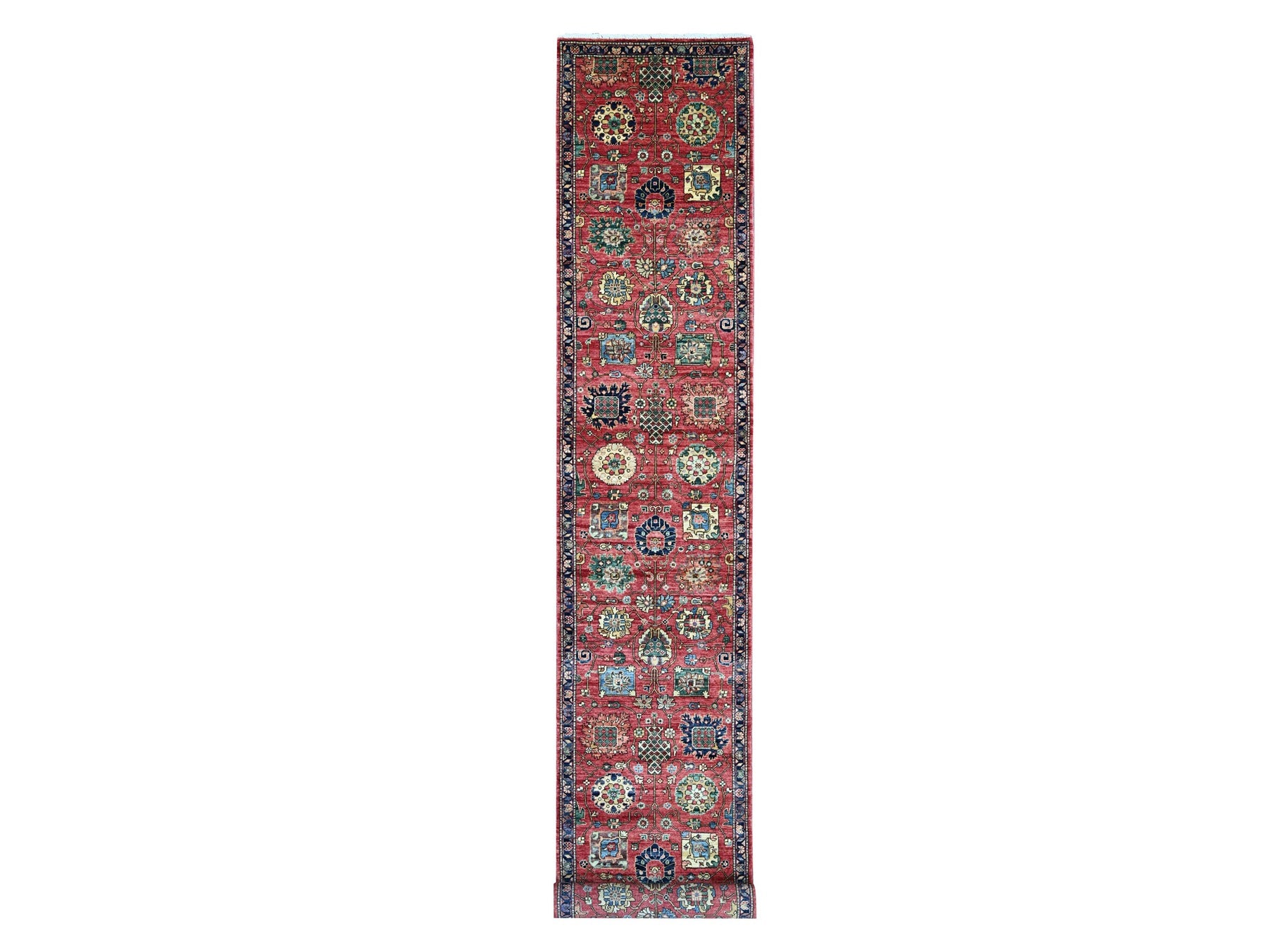 Tribal & Geometric hand-knotted wool runner in Red & Navy Blue, 2'8" x 19'7" — SKU O021212