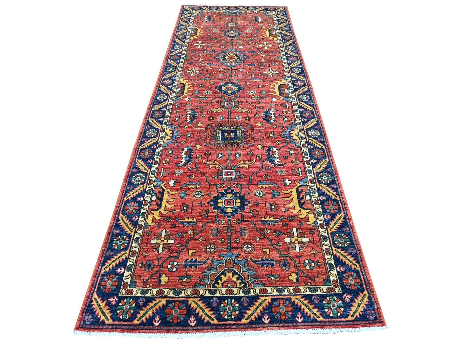 Heriz Tribal & Geometric hand-knotted wool runner in Red & Navy Blue, 4' x 11'9" — SKU O021231