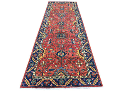 Heriz Tribal & Geometric hand-knotted wool runner in Red & Navy Blue, 4' x 11'9" — SKU O021231