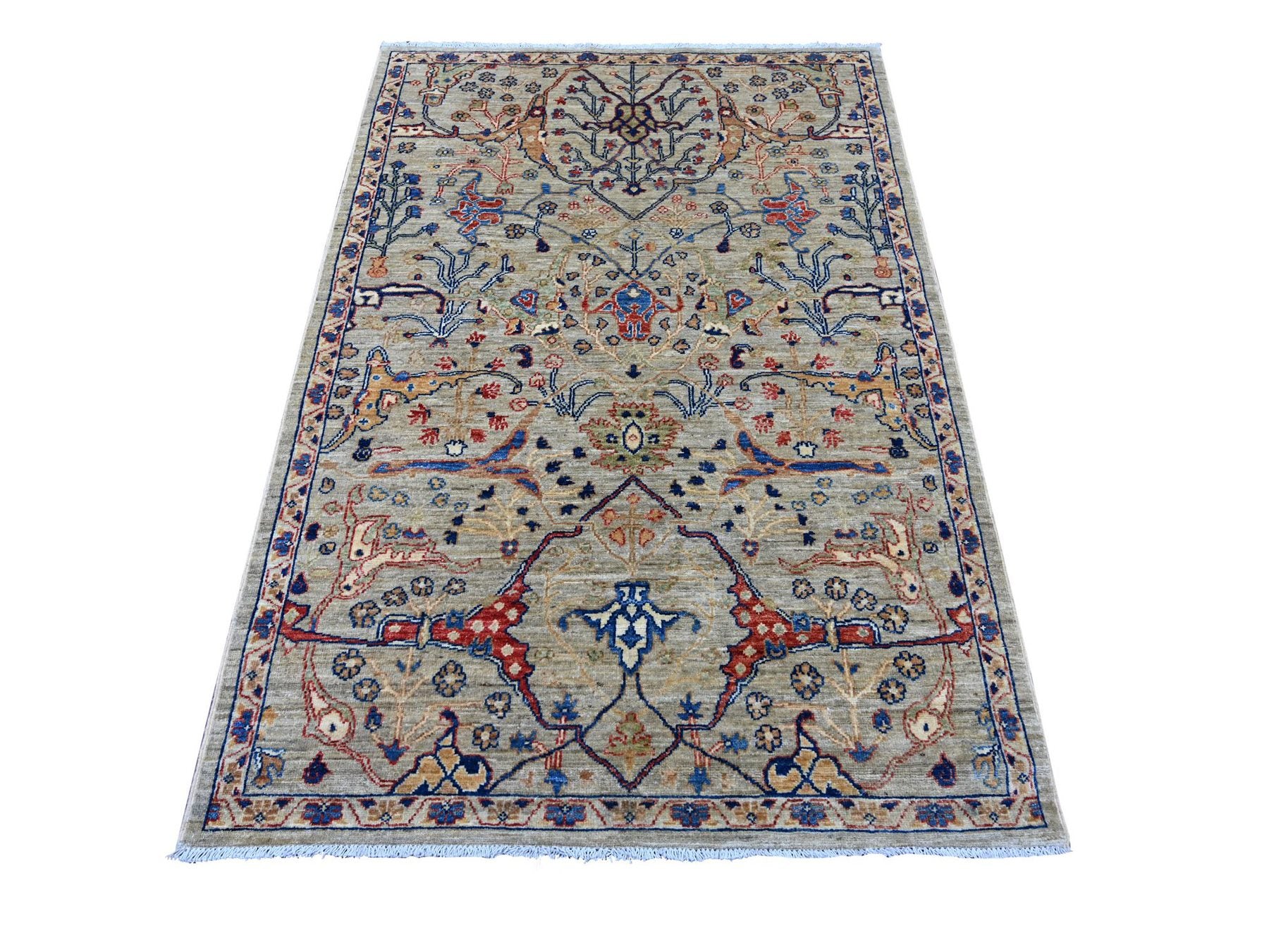 Grey 4'1" x 6'0" Tribal & Geometric Hand knotted Wool Rug - Sku: O021232