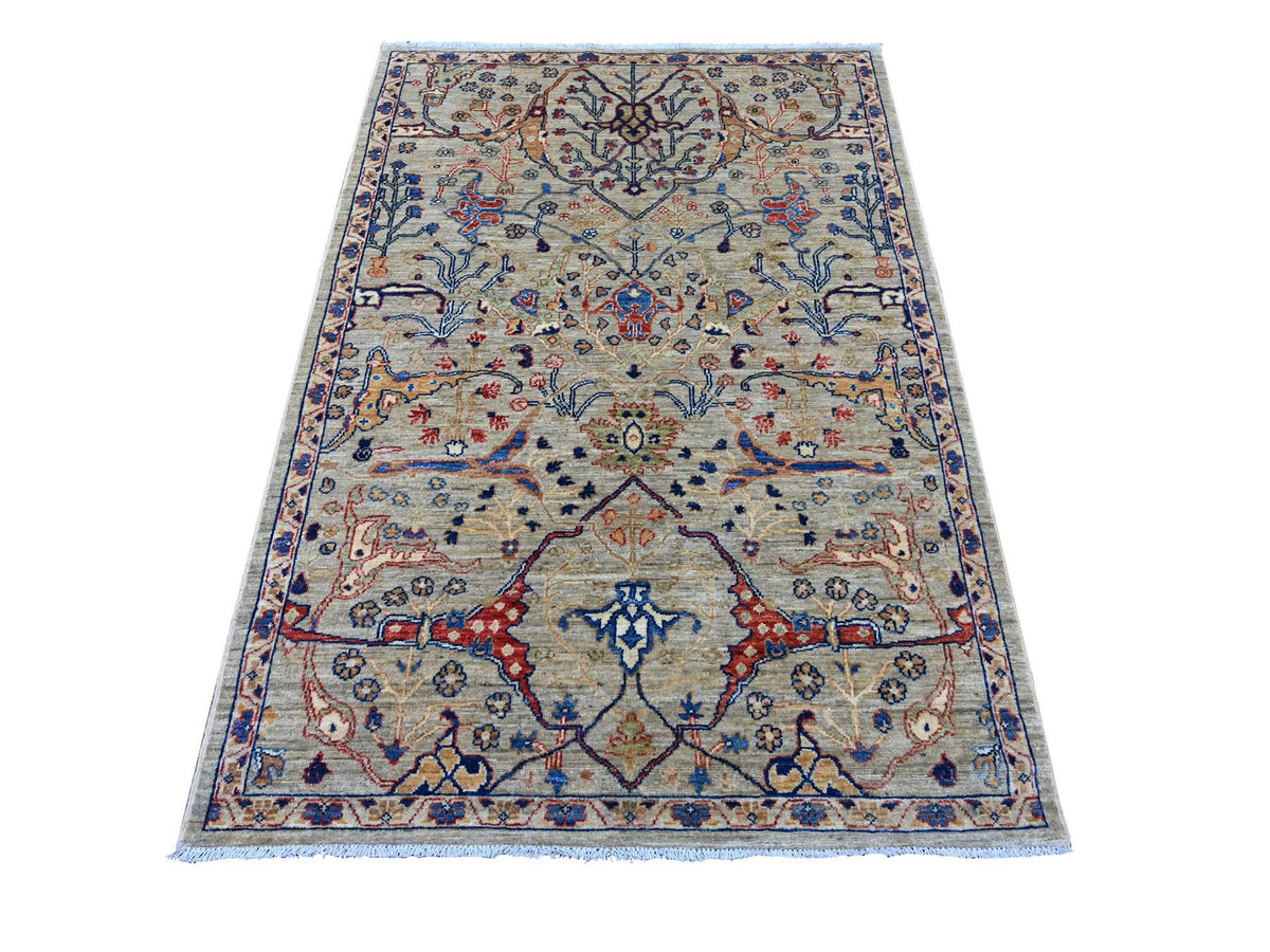Peshawar Tribal & Geometric hand-knotted wool rug in Gray & Ivory, 4'1" x 6' — SKU O021232
