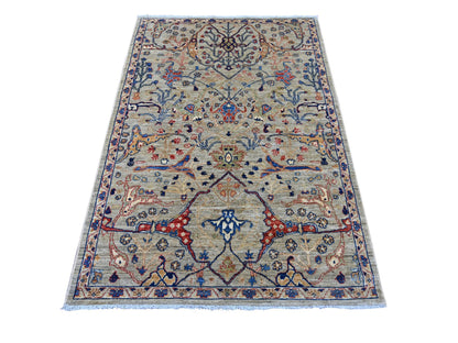 Peshawar Tribal & Geometric hand-knotted wool rug in Gray & Ivory, 4'1" x 6' — SKU O021232