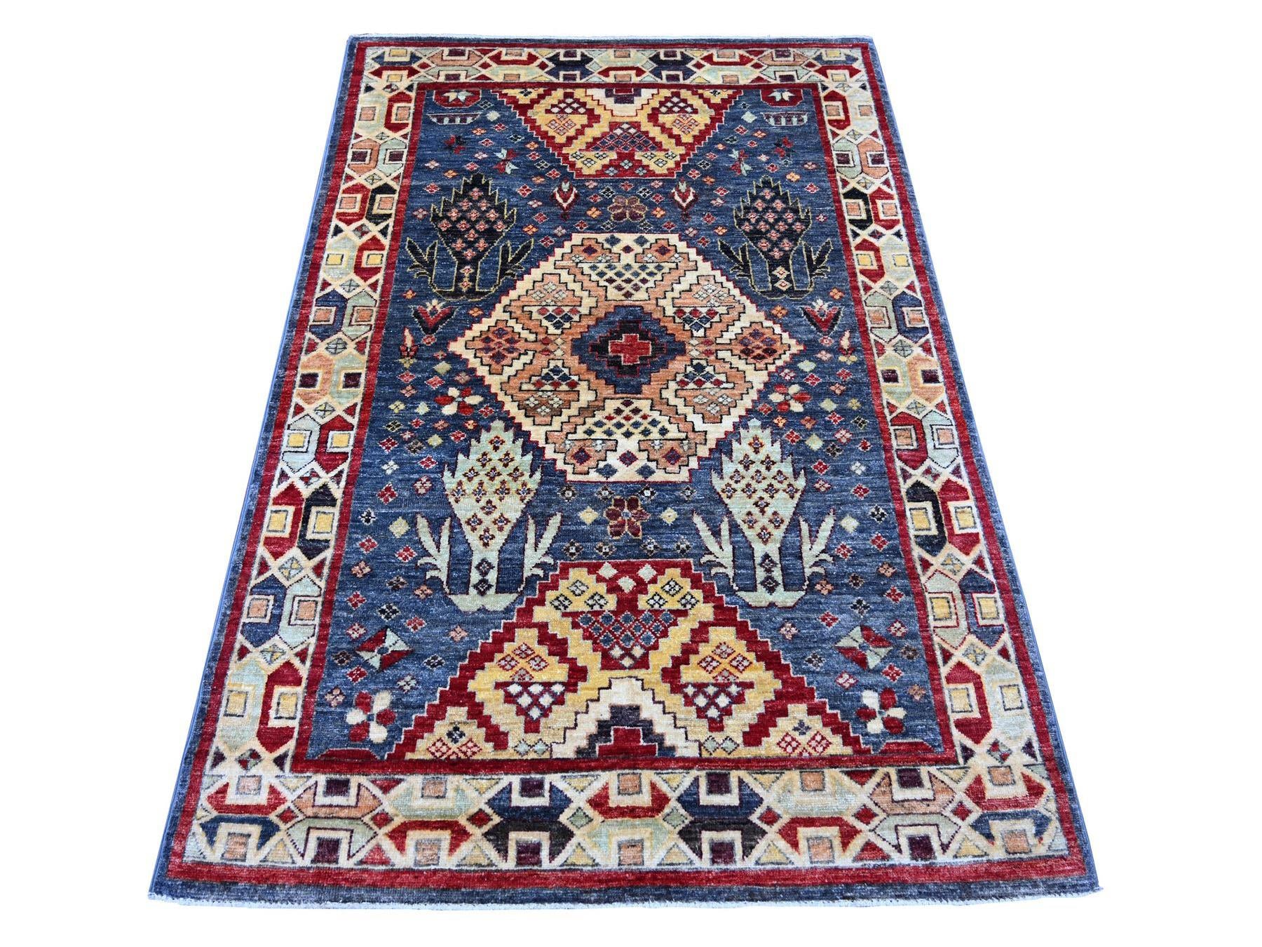 Blue 3'11" x 5'10" Tribal & Geometric Hand knotted Wool Rug - Sku: O021234