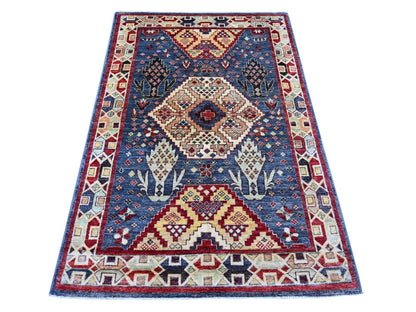 Blue 3'11" x 5'10" Tribal & Geometric Hand knotted Wool Rug - Sku: O021234