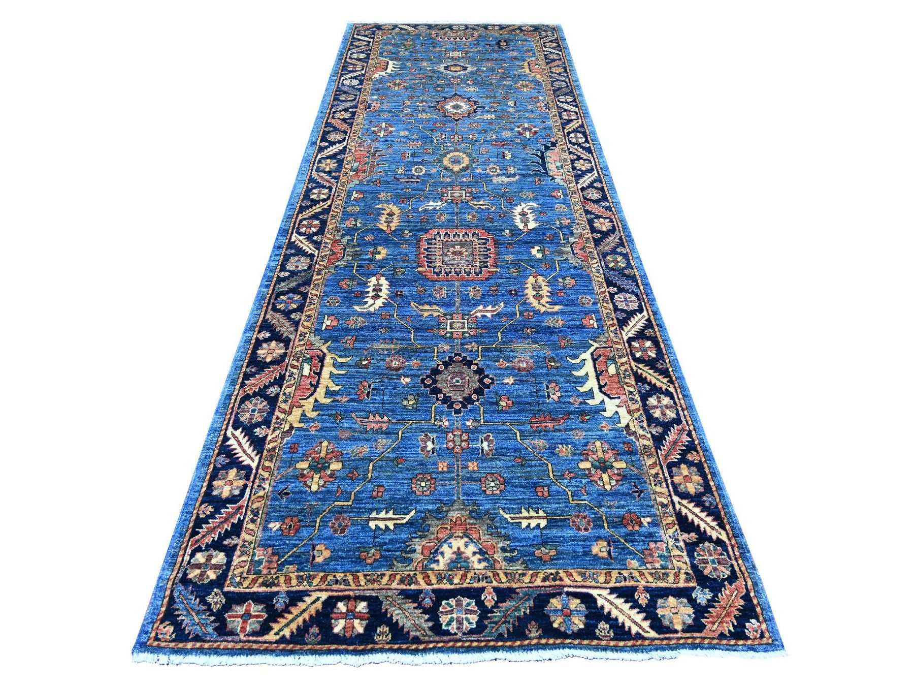 Blue 4'3" x 12'4" Tribal & Geometric Hand knotted Wool Rug - Sku: O021236