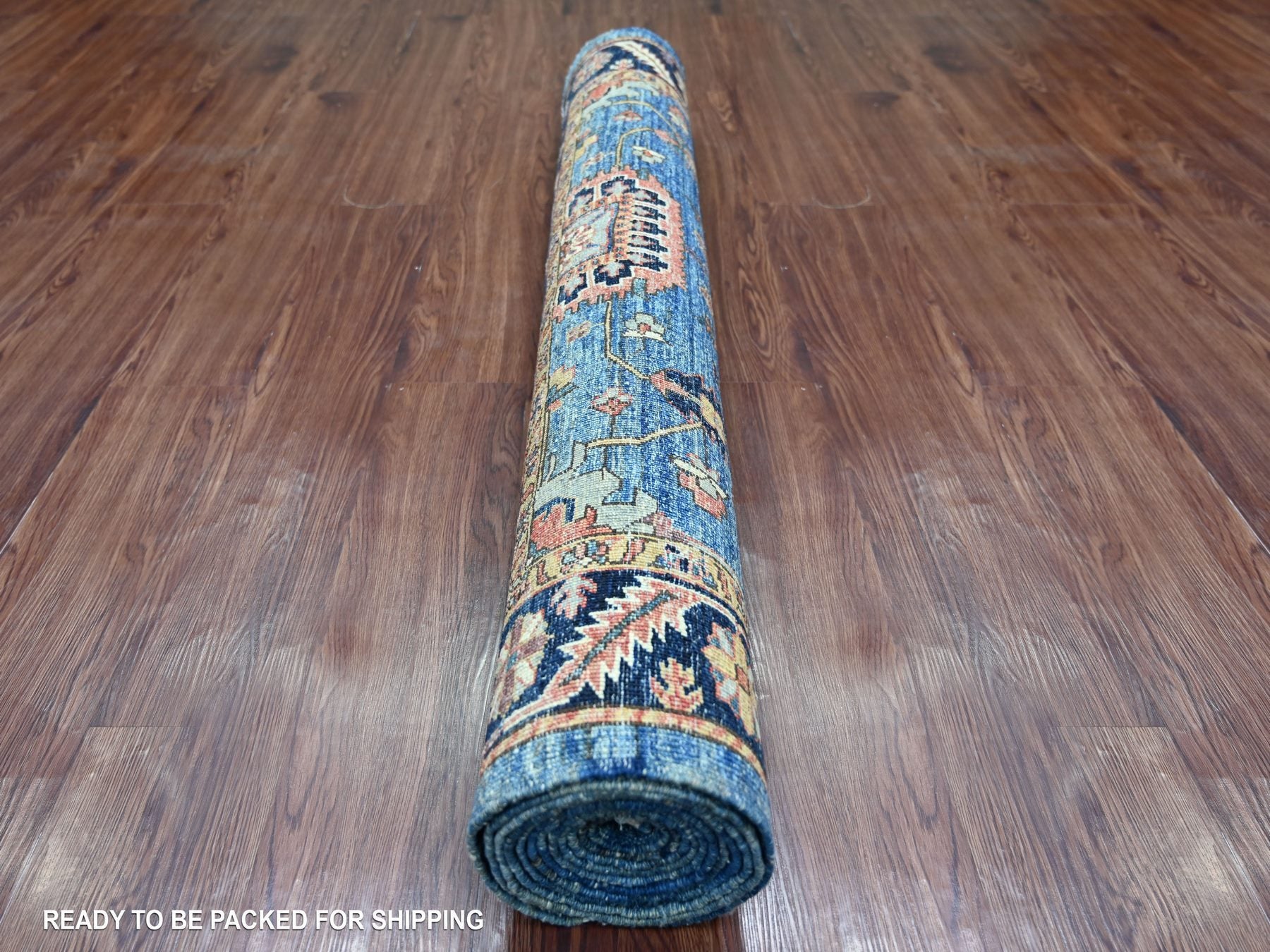 Heriz Tribal & Geometric hand-knotted wool runner in Blue & Navy Blue, 4'3" x 12'4" — SKU O021236 (view 4)