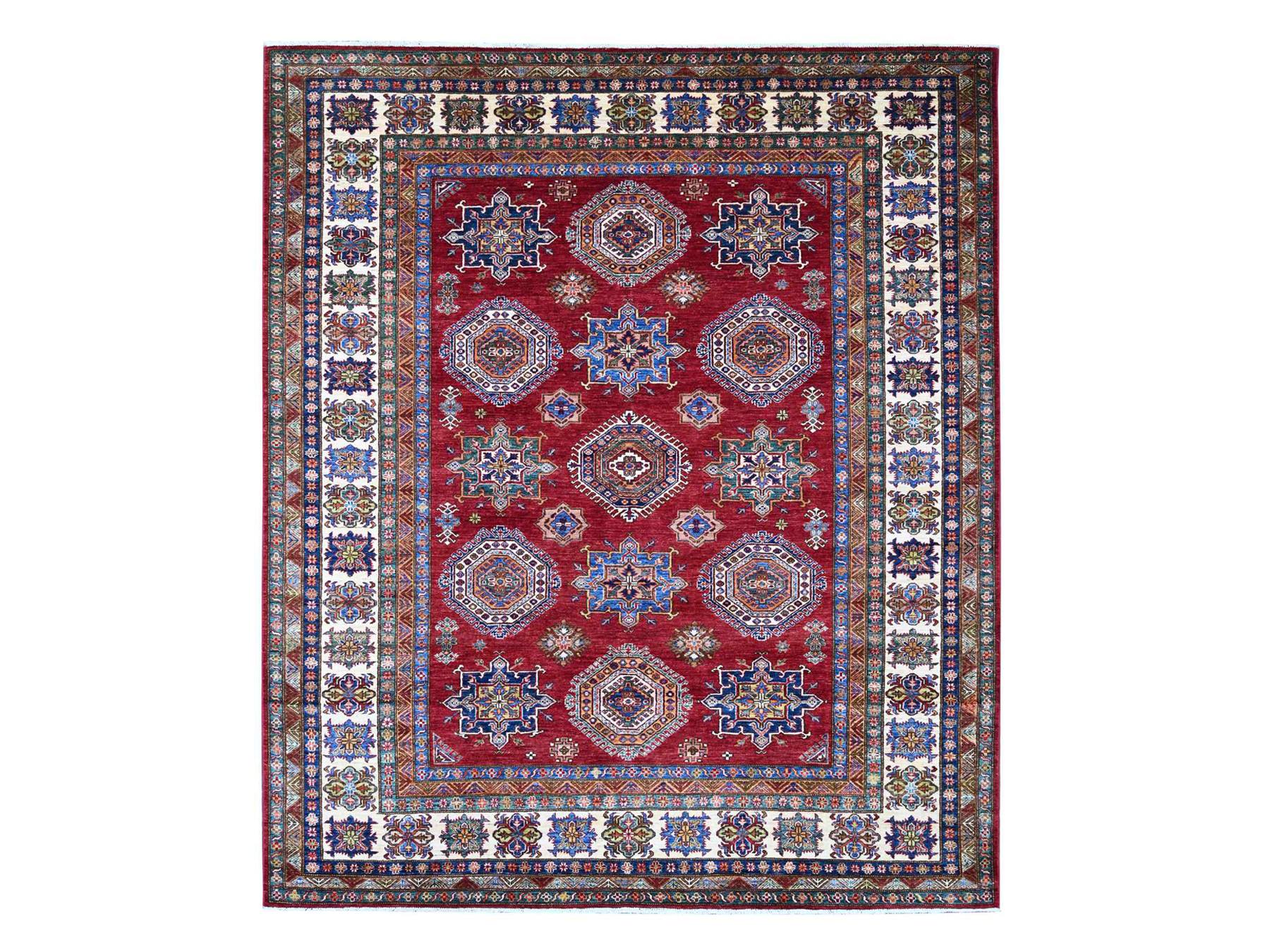 Kazak Tribal & Geometric hand-knotted wool rug in Red & Ivory, 8'3" x 9'9" — SKU O021245