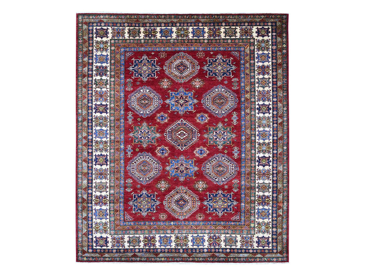 Kazak Tribal & Geometric hand-knotted wool rug in Red & Ivory, 8'3" x 9'9" — SKU O021245