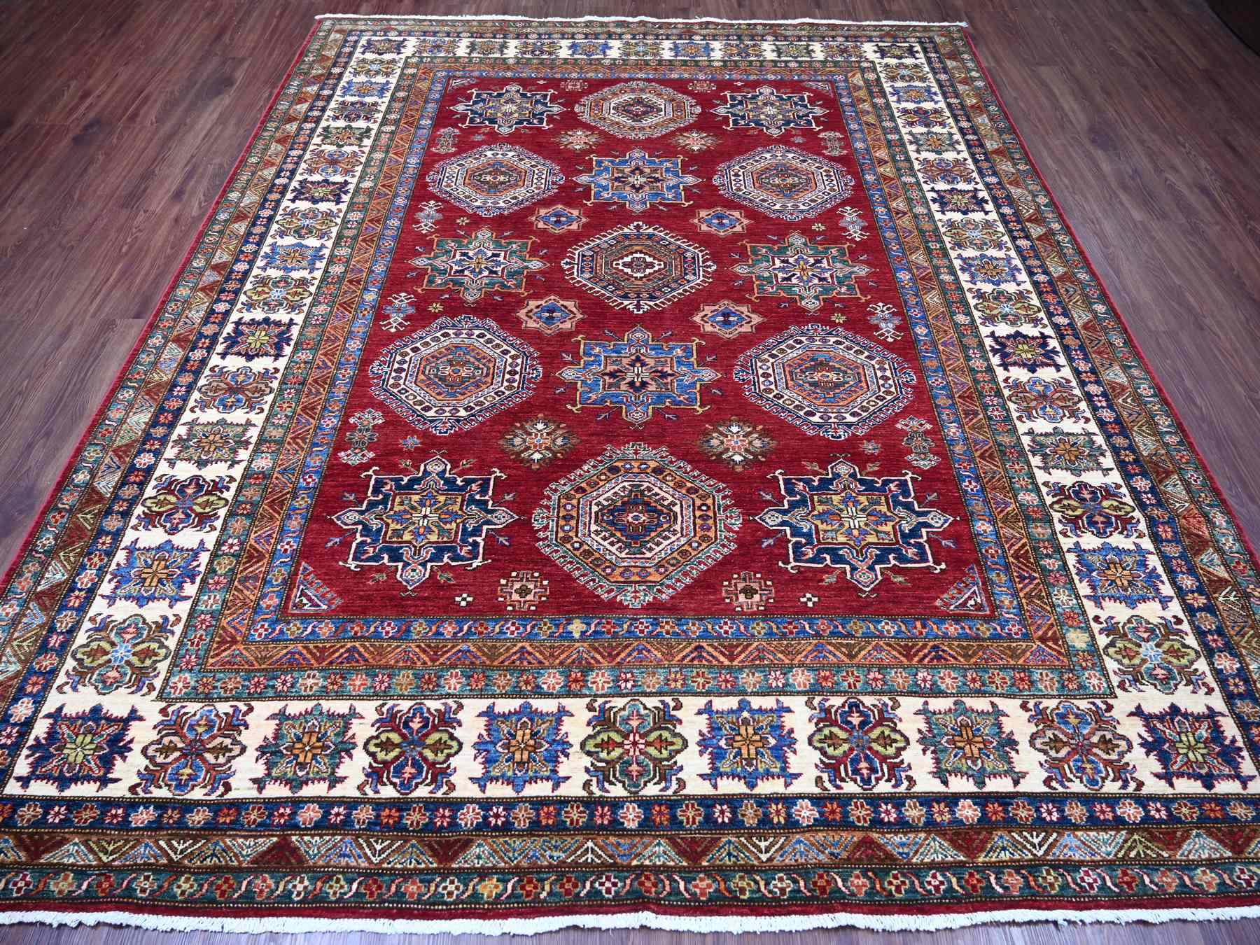 Kazak Tribal & Geometric hand-knotted wool rug in Red & Ivory, 8'3" x 9'9" — SKU O021245 (view 2)