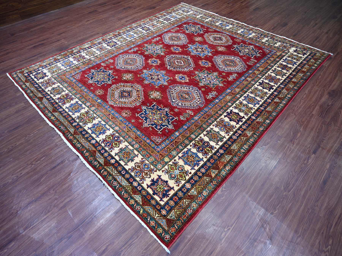 Kazak Tribal & Geometric hand-knotted wool rug in Red & Ivory, 8'3" x 9'9" — SKU O021245 (view 3)