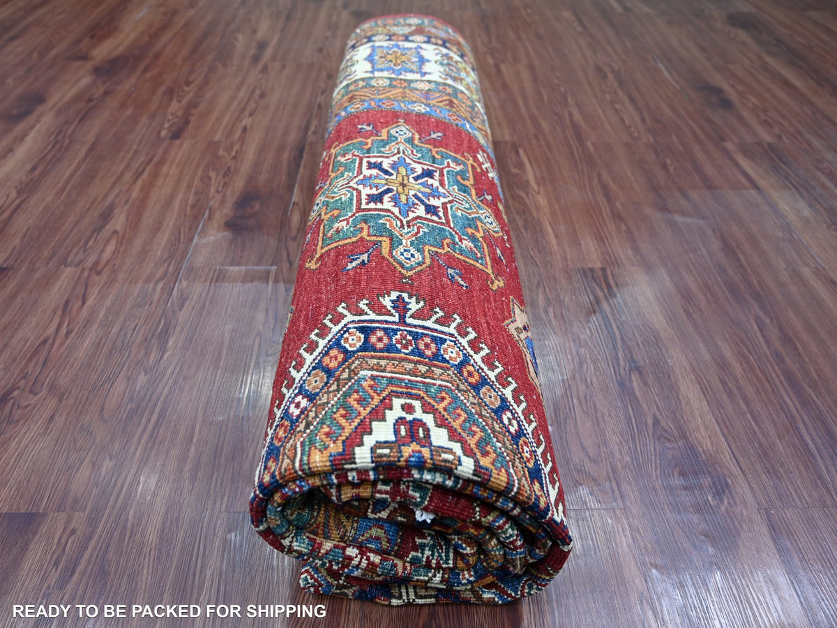 Kazak Tribal & Geometric hand-knotted wool rug in Red & Ivory, 8'3" x 9'9" — SKU O021245 (view 9)
