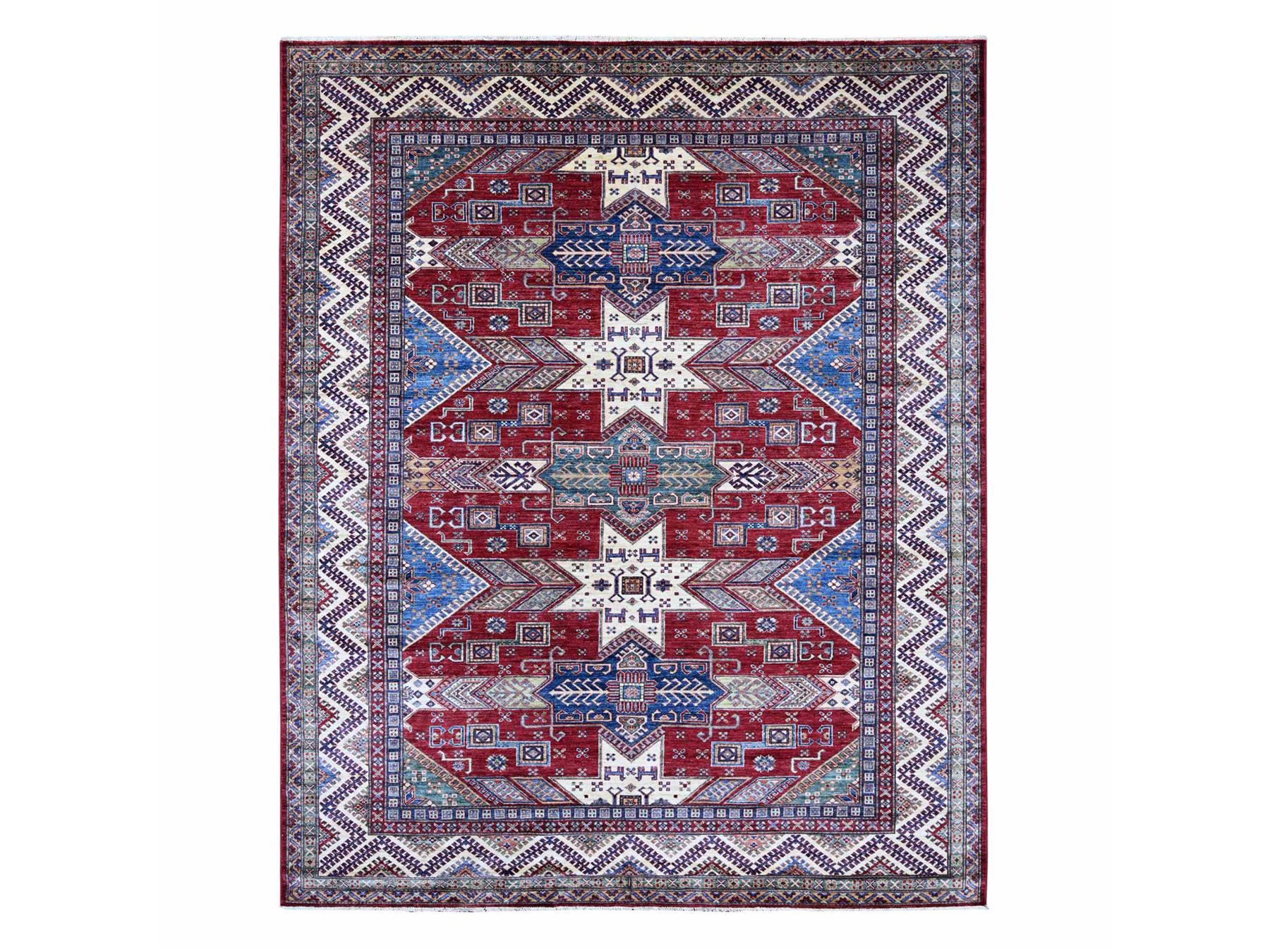 Kazak Tribal & Geometric hand-knotted wool rug in Red & Ivory, 8'1" x 9'11" — SKU O021247