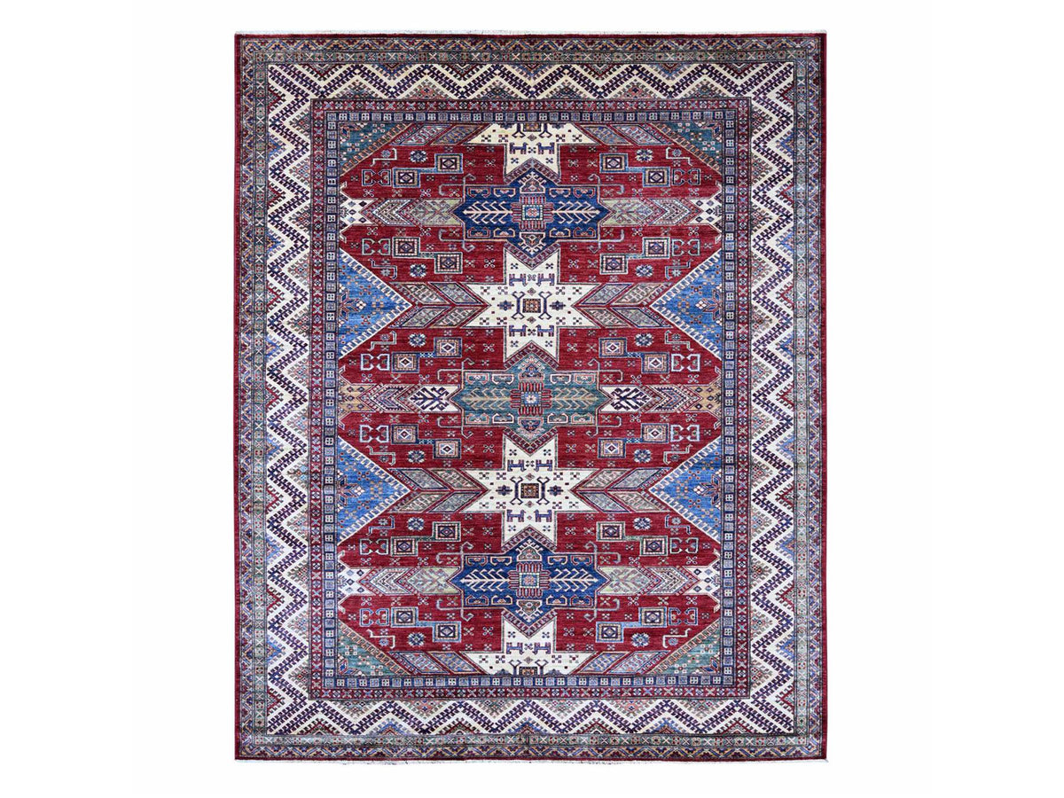 Kazak Tribal & Geometric hand-knotted wool rug in Red & Ivory, 8'1" x 9'11" — SKU O021247