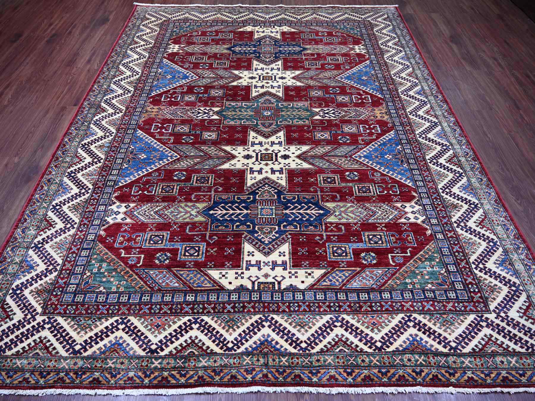 Kazak Tribal & Geometric hand-knotted wool rug in Red & Ivory, 8'1" x 9'11" — SKU O021247 (view 2)