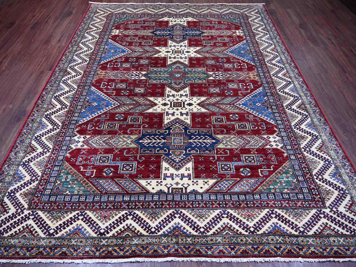Kazak Tribal & Geometric hand-knotted wool rug in Red & Ivory, 8'1" x 9'11" — SKU O021247 (view 2)