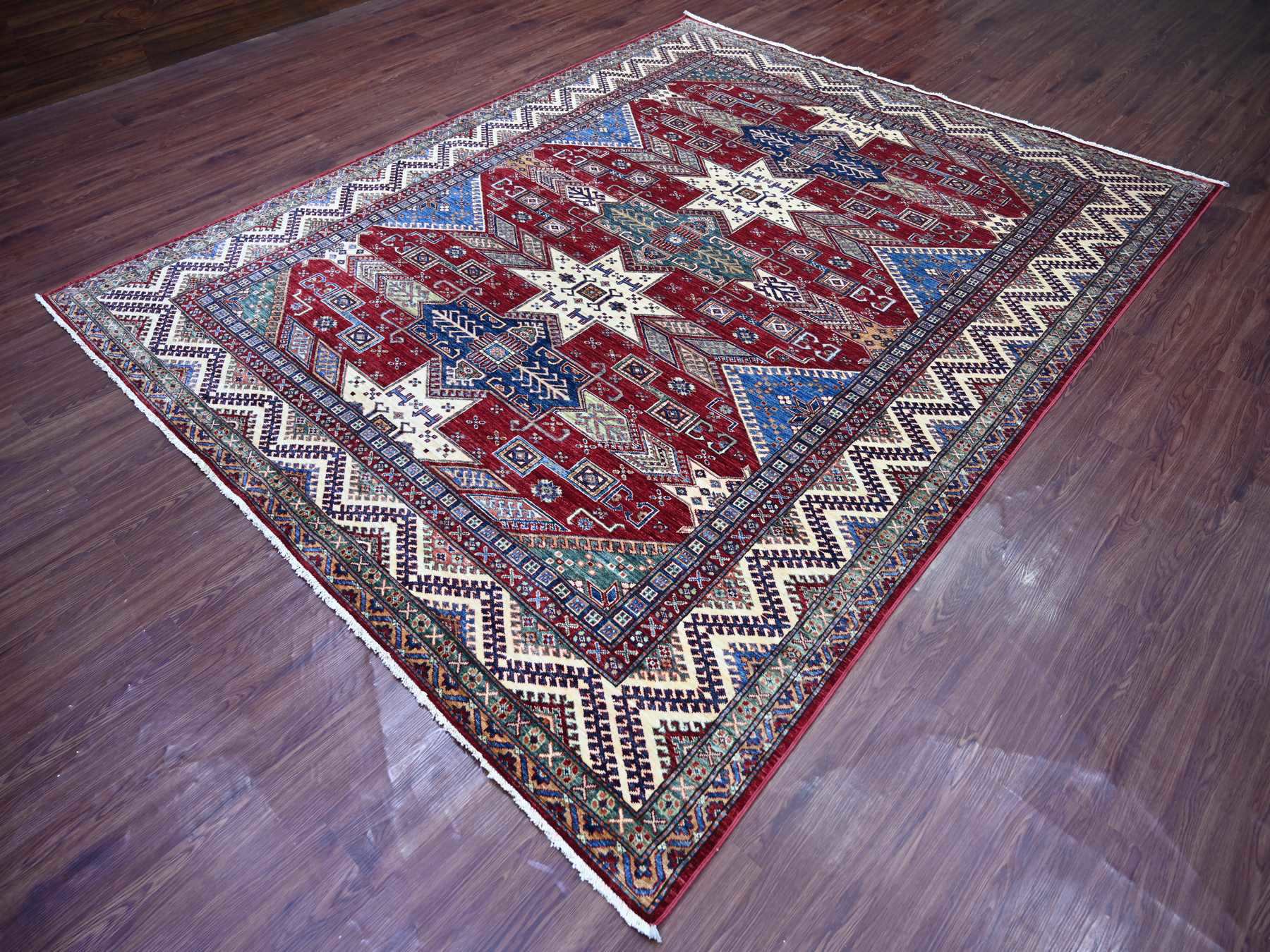 Kazak Tribal & Geometric hand-knotted wool rug in Red & Ivory, 8'1" x 9'11" — SKU O021247 (view 3)