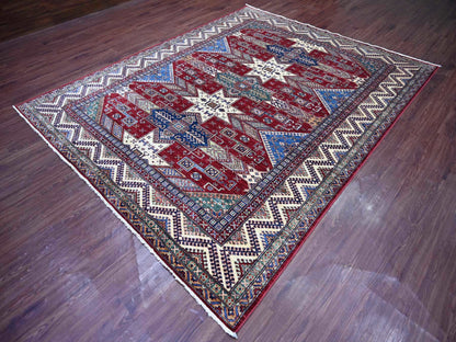 Kazak Tribal & Geometric hand-knotted wool rug in Red & Ivory, 8'1" x 9'11" — SKU O021247 (view 3)