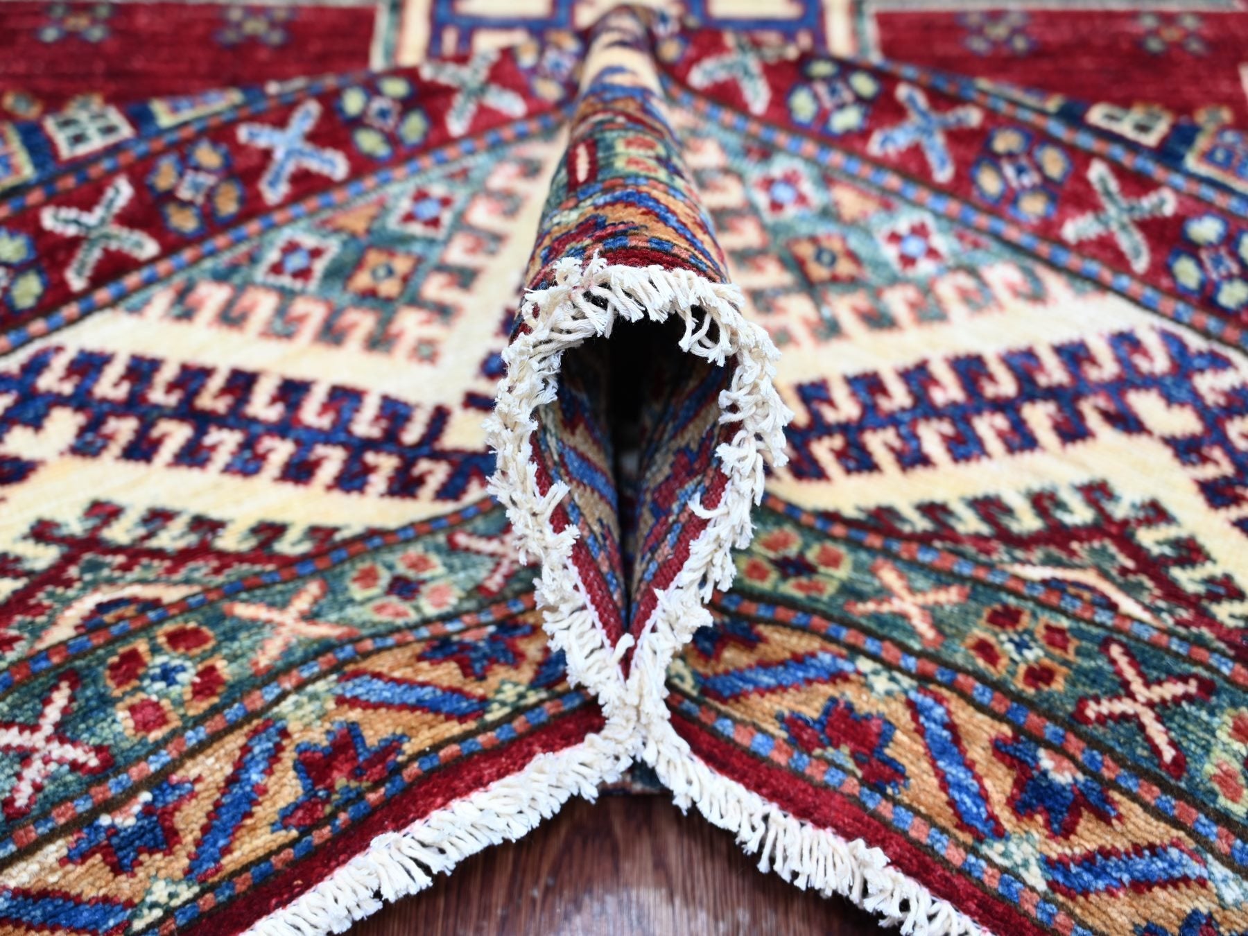 Kazak Tribal & Geometric hand-knotted wool rug in Red & Ivory, 8'1" x 9'11" — SKU O021247 (view 5)