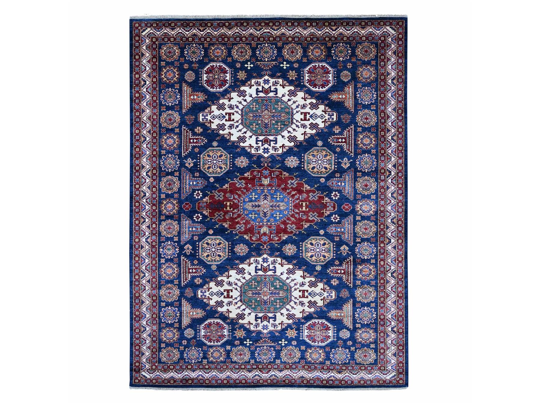 Kazak Tribal & Geometric hand-knotted wool rug in Blue & Ivory, 8' x 10'10" — SKU O021248