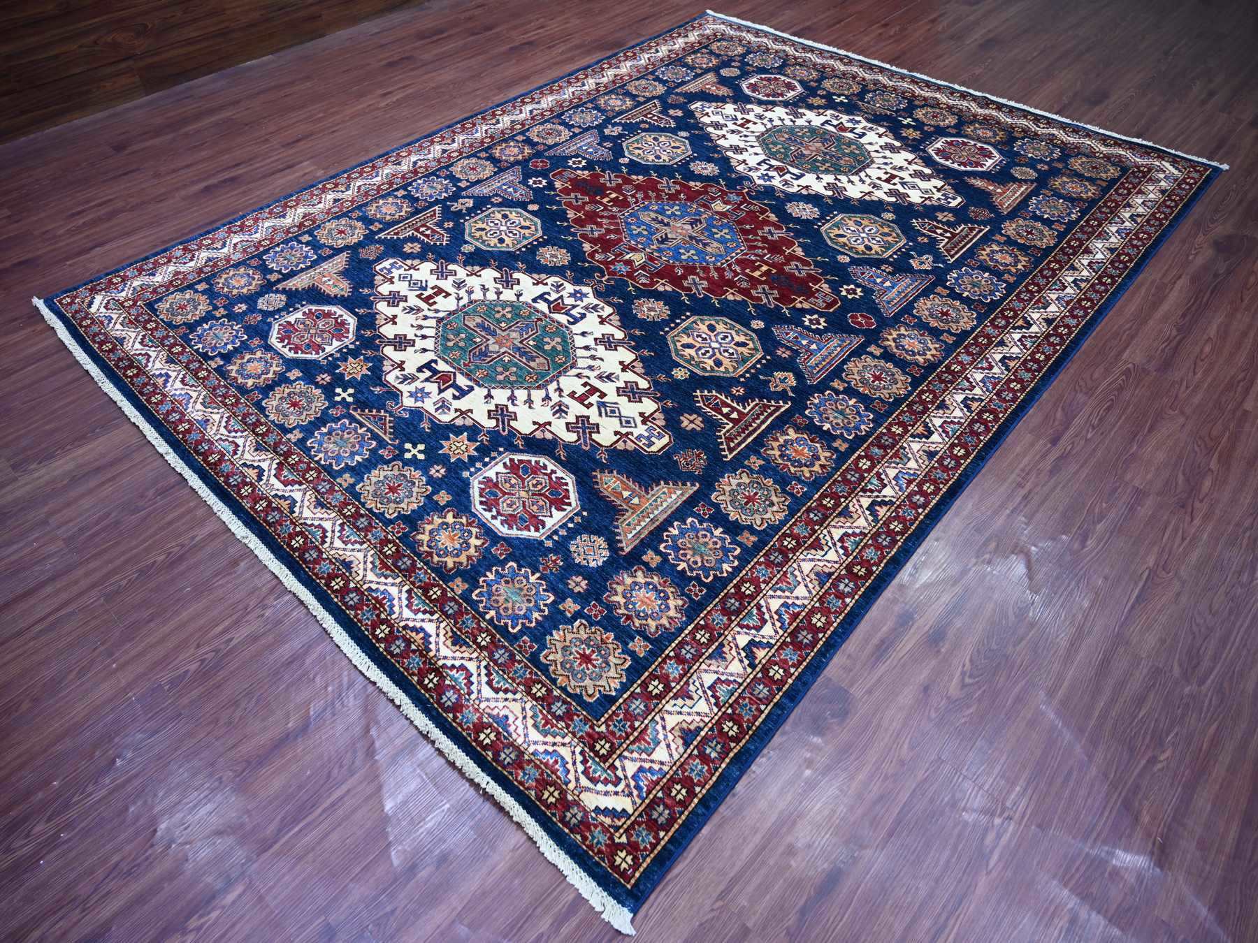 Kazak Tribal & Geometric hand-knotted wool rug in Blue & Ivory, 8' x 10'10" — SKU O021248 (view 3)