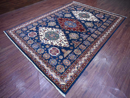 Kazak Tribal & Geometric hand-knotted wool rug in Blue & Ivory, 8' x 10'10" — SKU O021248 (view 3)