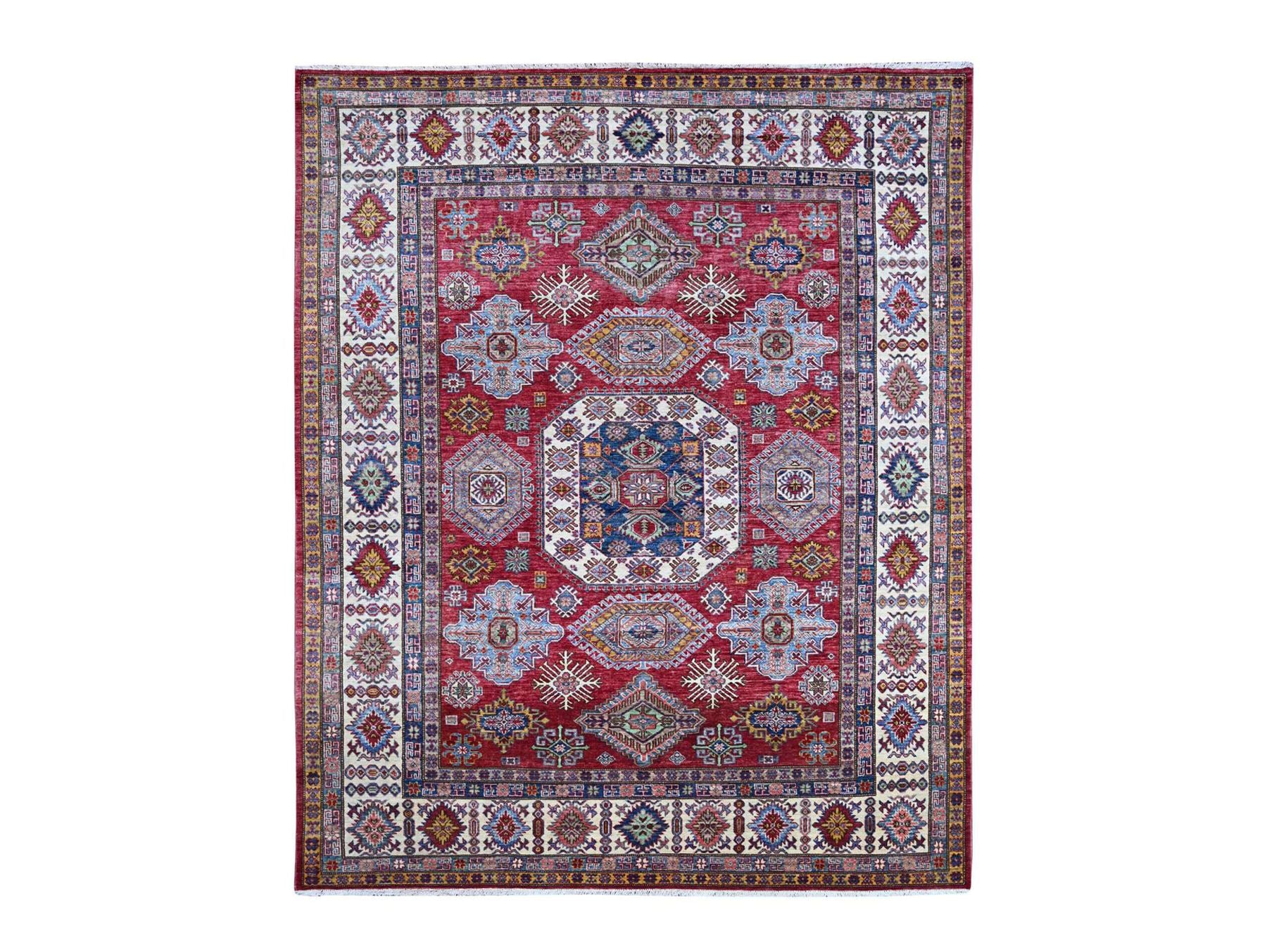 Kazak Tribal & Geometric hand-knotted wool rug in Red & Ivory, 8'1" x 9'8" — SKU O021249