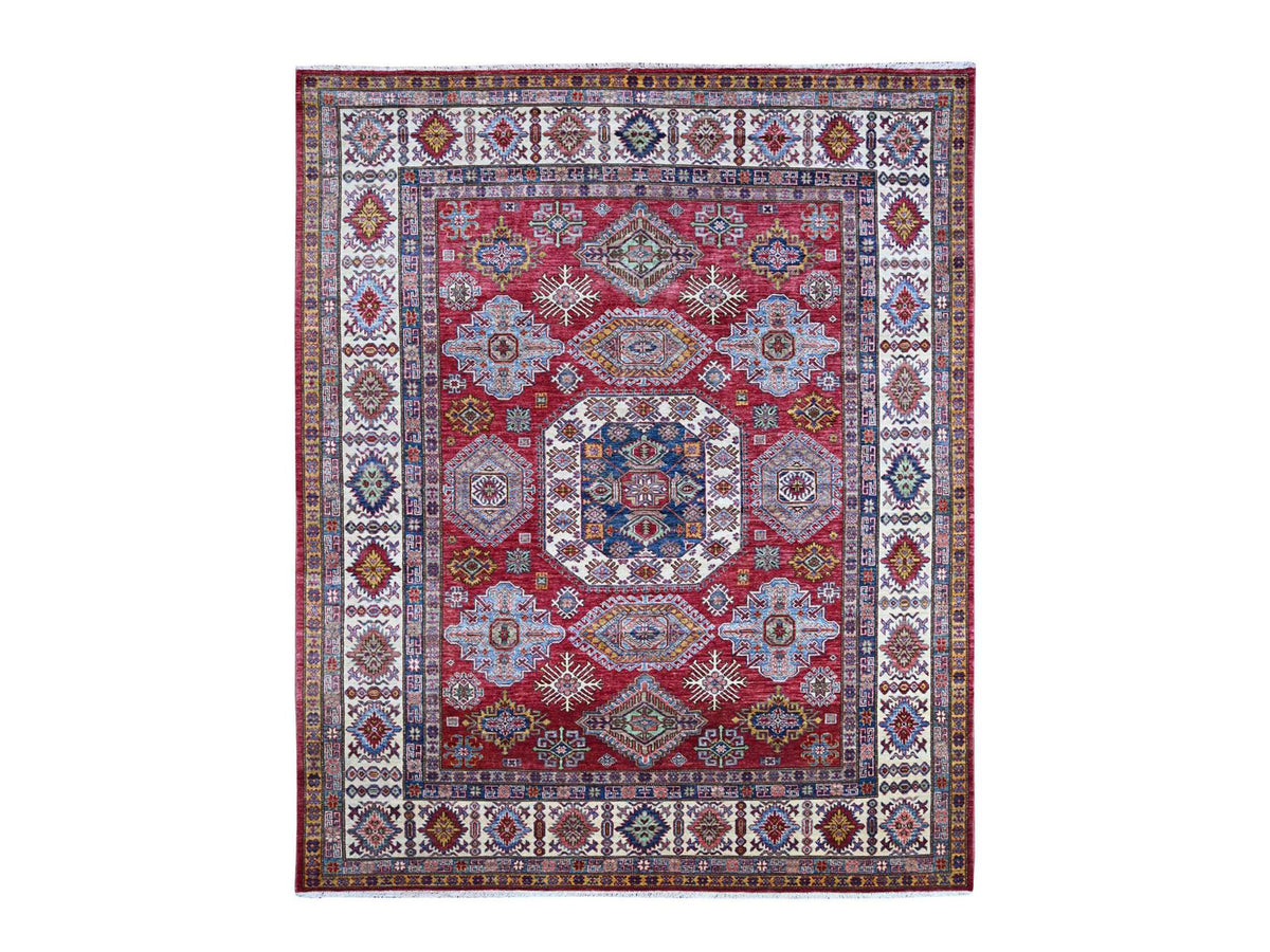 Kazak Tribal & Geometric hand-knotted wool rug in Red & Ivory, 8'1" x 9'8" — SKU O021249