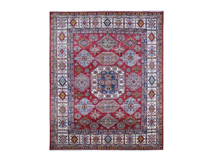 Kazak Tribal & Geometric hand-knotted wool rug in Red & Ivory, 8'1" x 9'8" — SKU O021249