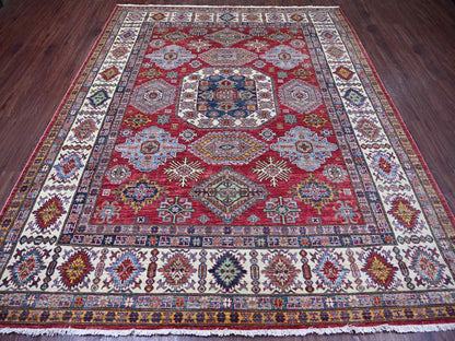 Kazak Tribal & Geometric hand-knotted wool rug in Red & Ivory, 8'1" x 9'8" — SKU O021249 (view 2)