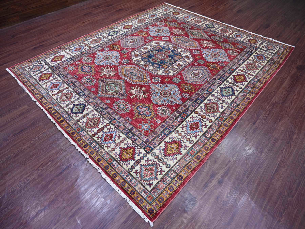 Kazak Tribal & Geometric hand-knotted wool rug in Red & Ivory, 8'1" x 9'8" — SKU O021249 (view 3)