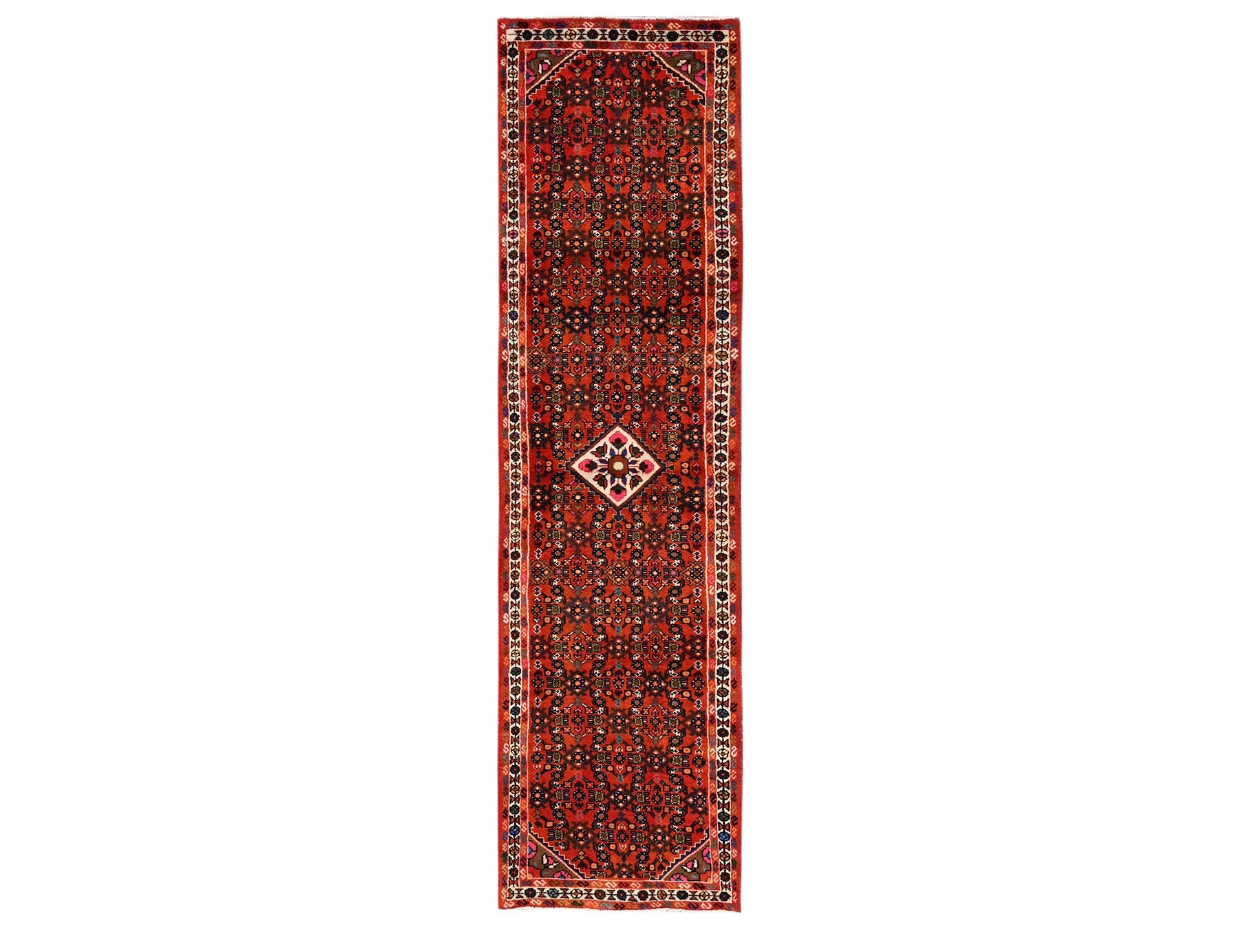 Tribal & Geometric hand-knotted wool runner in Red & Ivory, 2'8" x 9'7" — SKU O02124