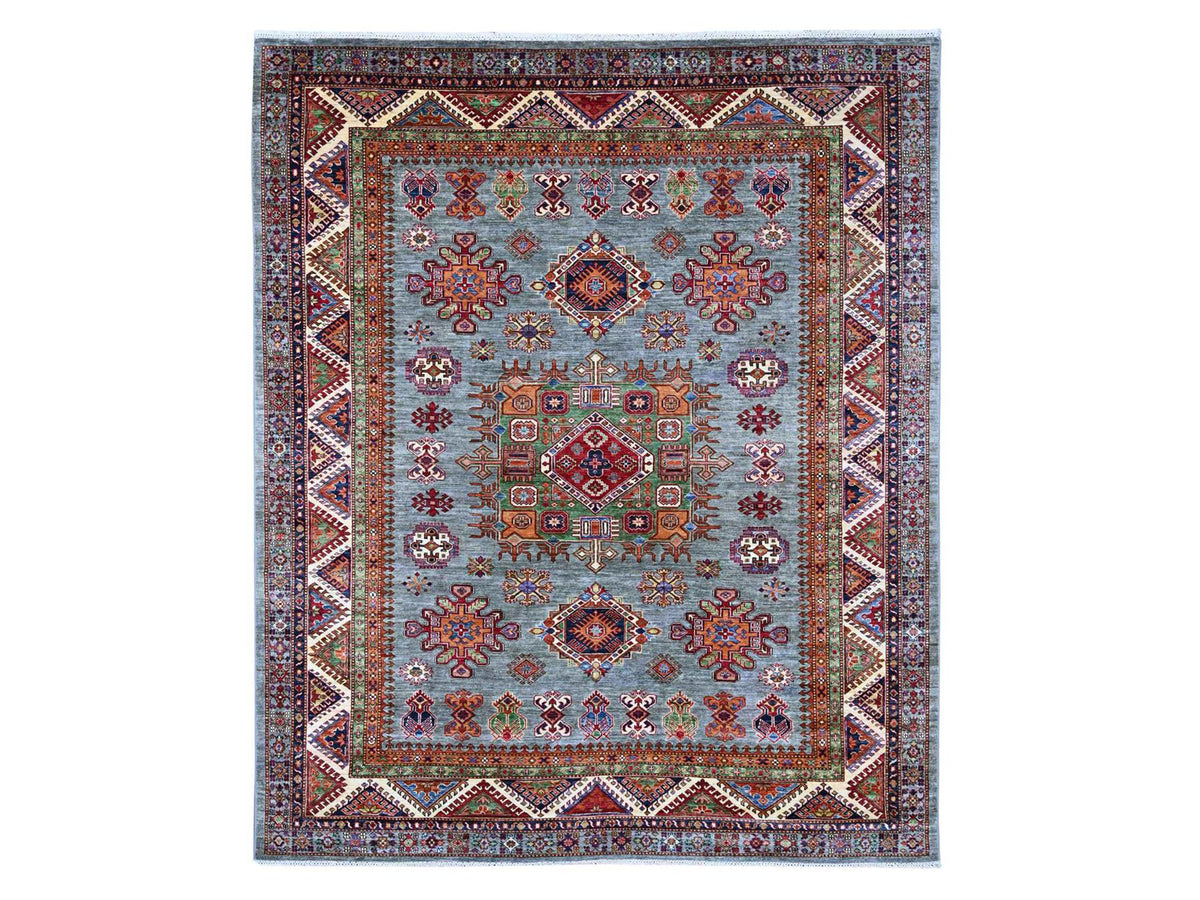 Kazak Tribal & Geometric hand-knotted wool rug in Gray & Ivory, 8' x 9'7" — SKU O021250