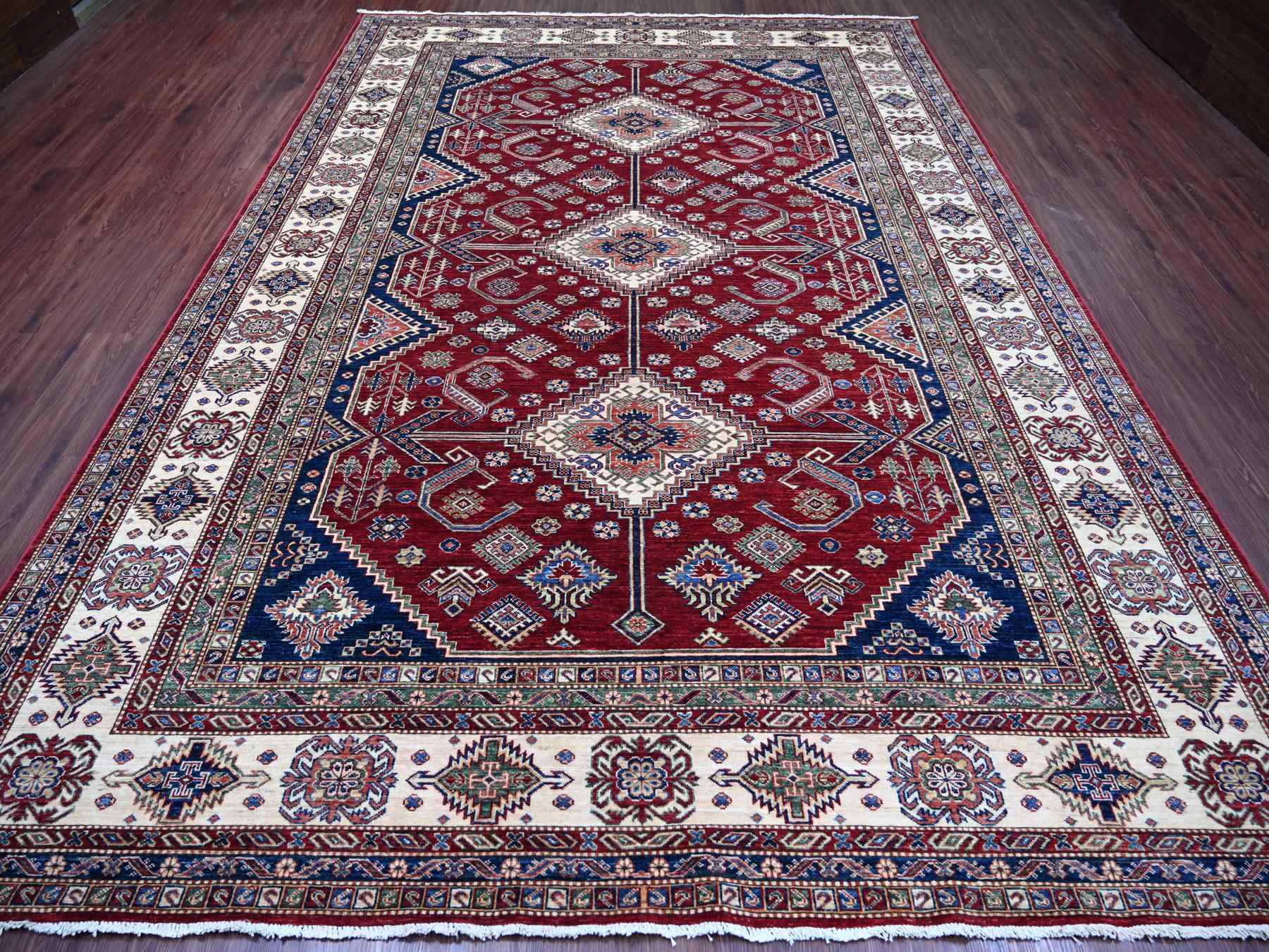 Kazak Tribal & Geometric hand-knotted wool rug in Red & Ivory, 8'9" x 12'6" — SKU O021253 (view 2)