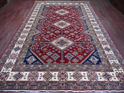 Kazak Tribal & Geometric hand-knotted wool rug in Red & Ivory, 8'9" x 12'6" — SKU O021253 (view 2)