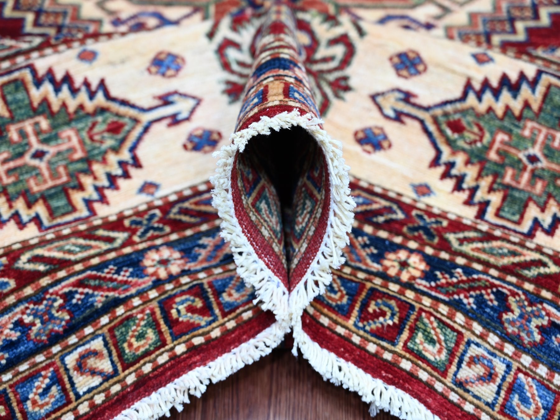 Kazak Tribal & Geometric hand-knotted wool rug in Red & Ivory, 8'9" x 12'6" — SKU O021253 (view 5)