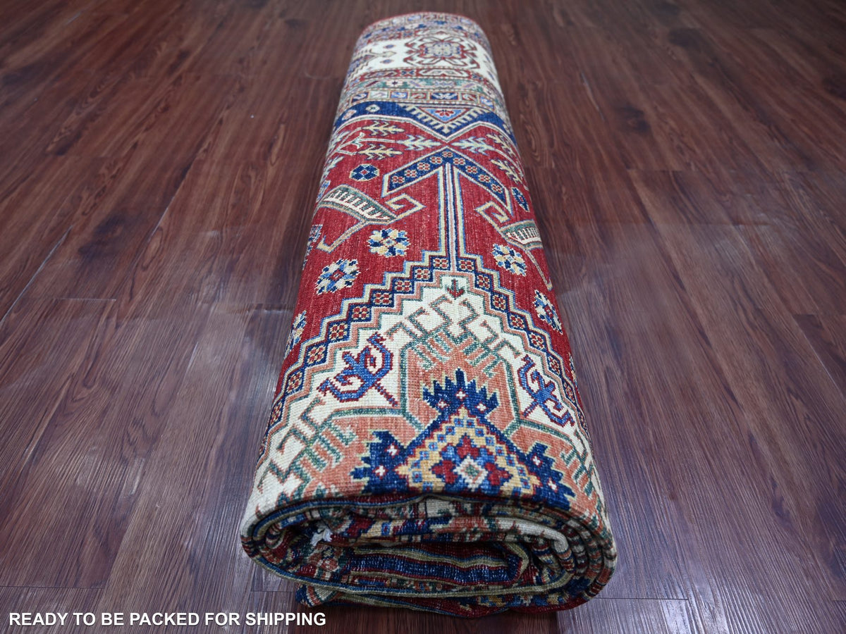 Kazak Tribal & Geometric hand-knotted wool rug in Red & Ivory, 8'9" x 12'6" — SKU O021253 (view 9)