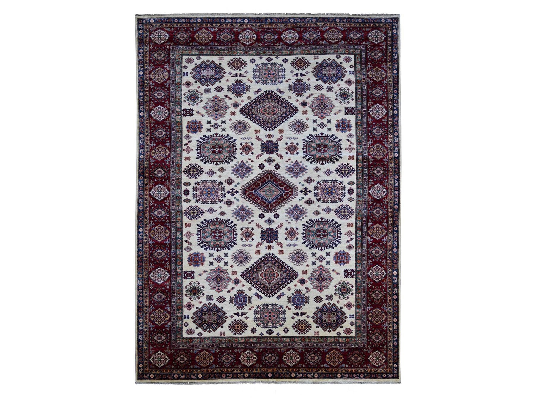 Kazak Tribal & Geometric hand-knotted wool rug in Ivory & Red, 8'7" x 11'11" — SKU O021256