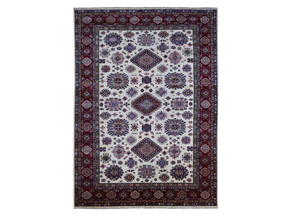 Kazak Tribal & Geometric hand-knotted wool rug in Ivory & Red, 8'7" x 11'11" — SKU O021256