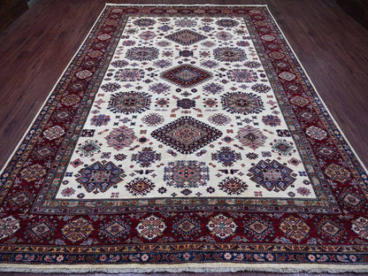 Kazak Tribal & Geometric hand-knotted wool rug in Ivory & Red, 8'7" x 11'11" — SKU O021256 (view 2)