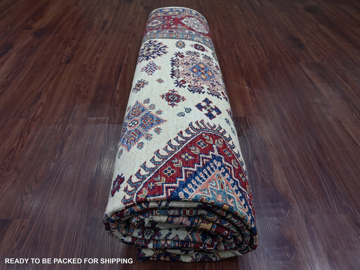 Kazak Tribal & Geometric hand-knotted wool rug in Ivory & Red, 8'7" x 11'11" — SKU O021256 (view 9)