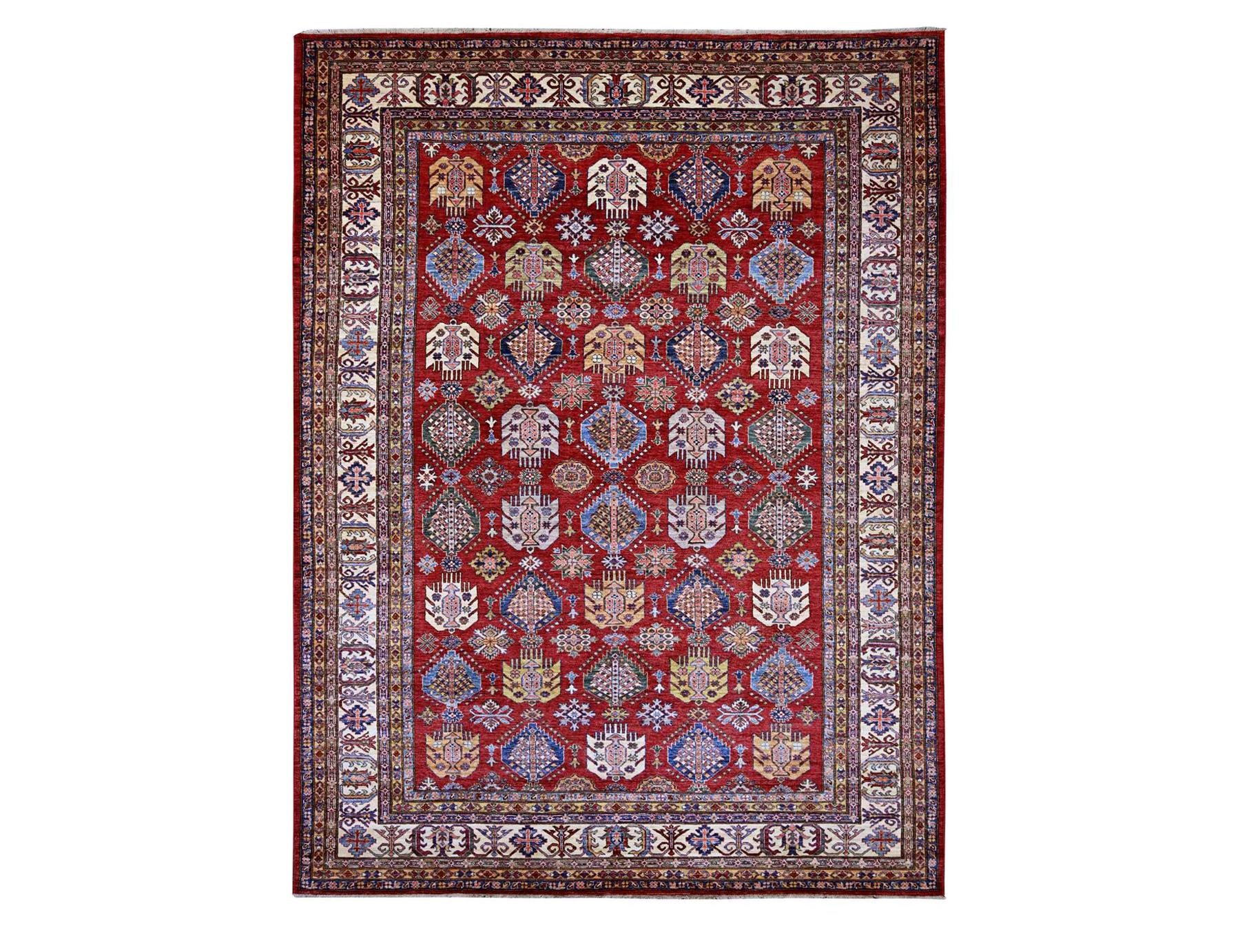 Kazak Tribal & Geometric hand-knotted wool rug in Red & Ivory, 9' x 11'11" — SKU O021261
