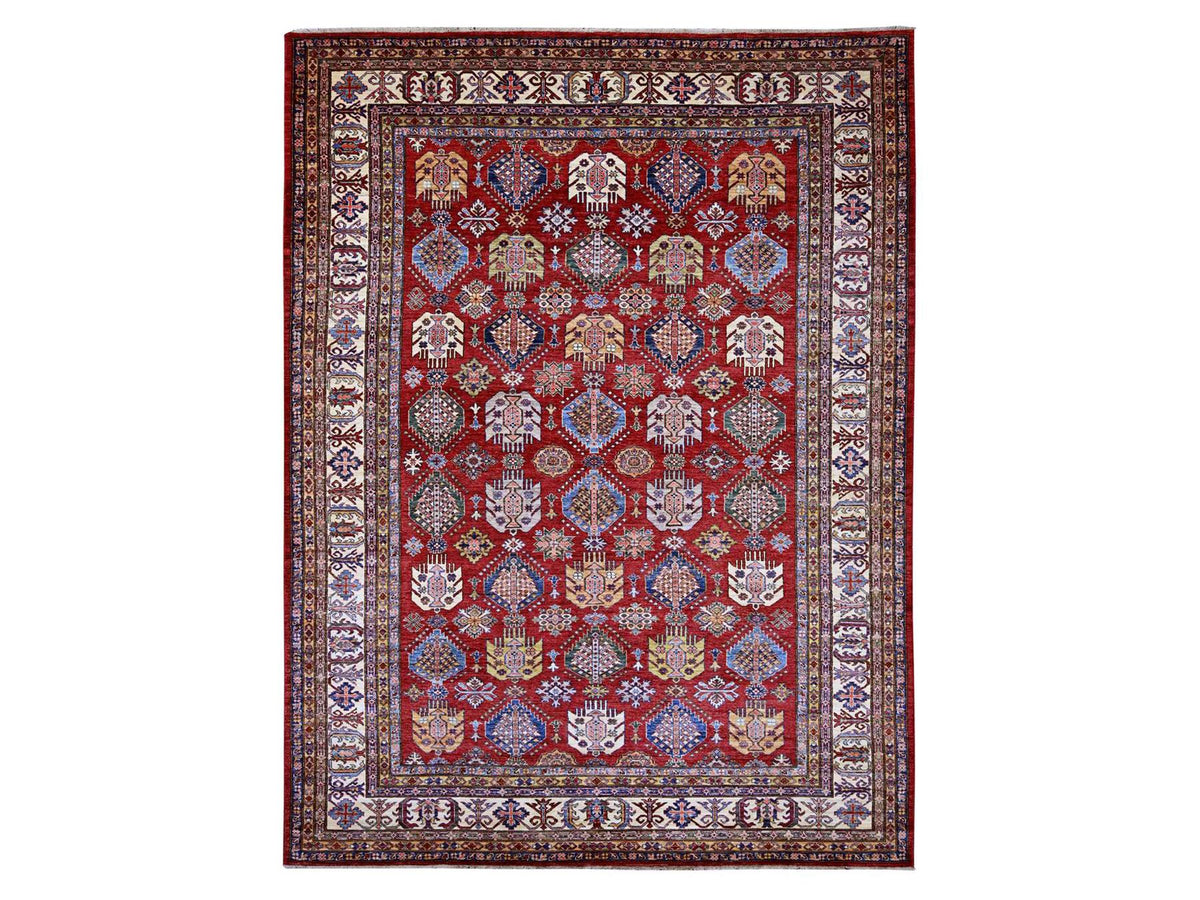 Kazak Tribal & Geometric hand-knotted wool rug in Red & Ivory, 9' x 11'11" — SKU O021261