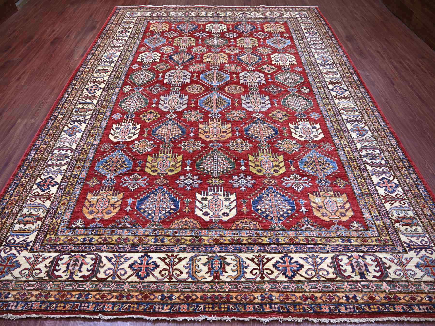 Kazak Tribal & Geometric hand-knotted wool rug in Red & Ivory, 9' x 11'11" — SKU O021261 (view 2)