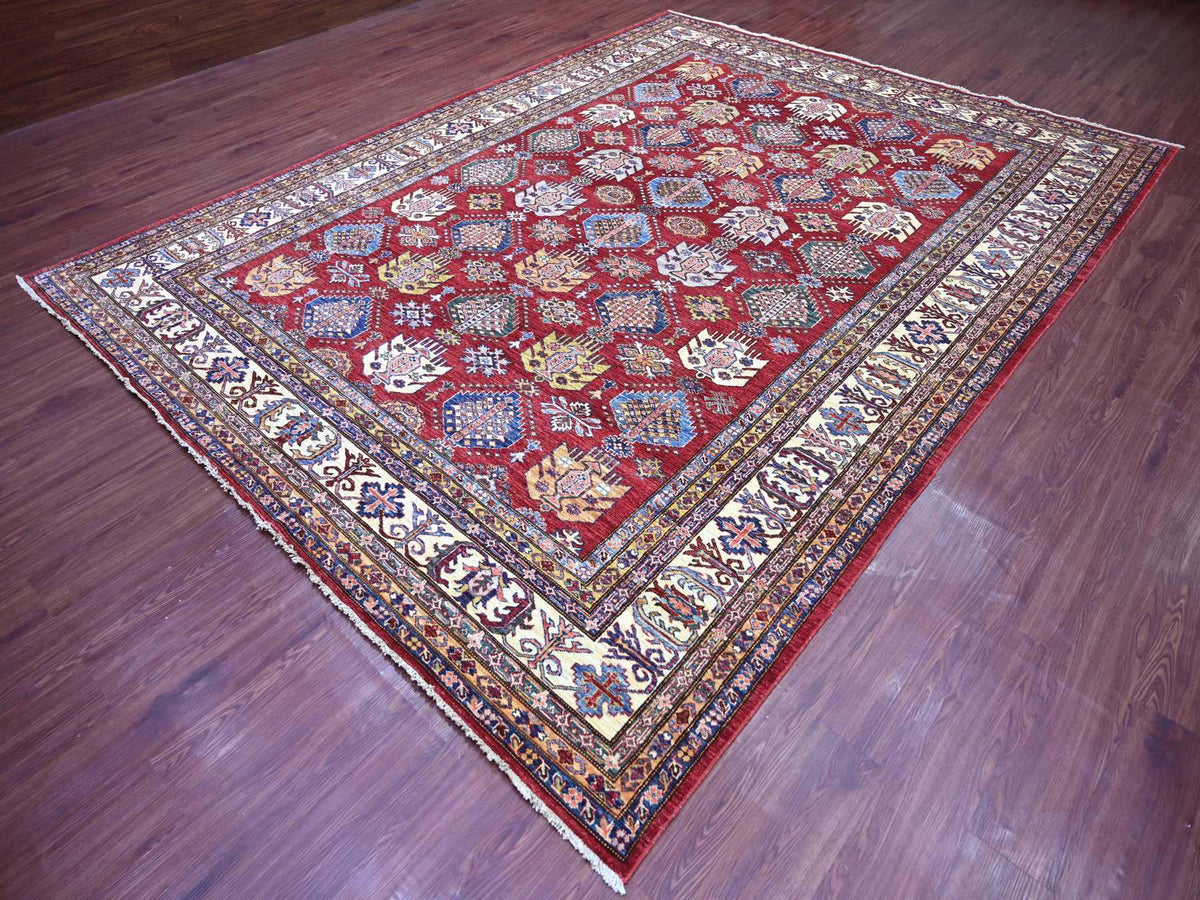 Kazak Tribal & Geometric hand-knotted wool rug in Red & Ivory, 9' x 11'11" — SKU O021261 (view 3)