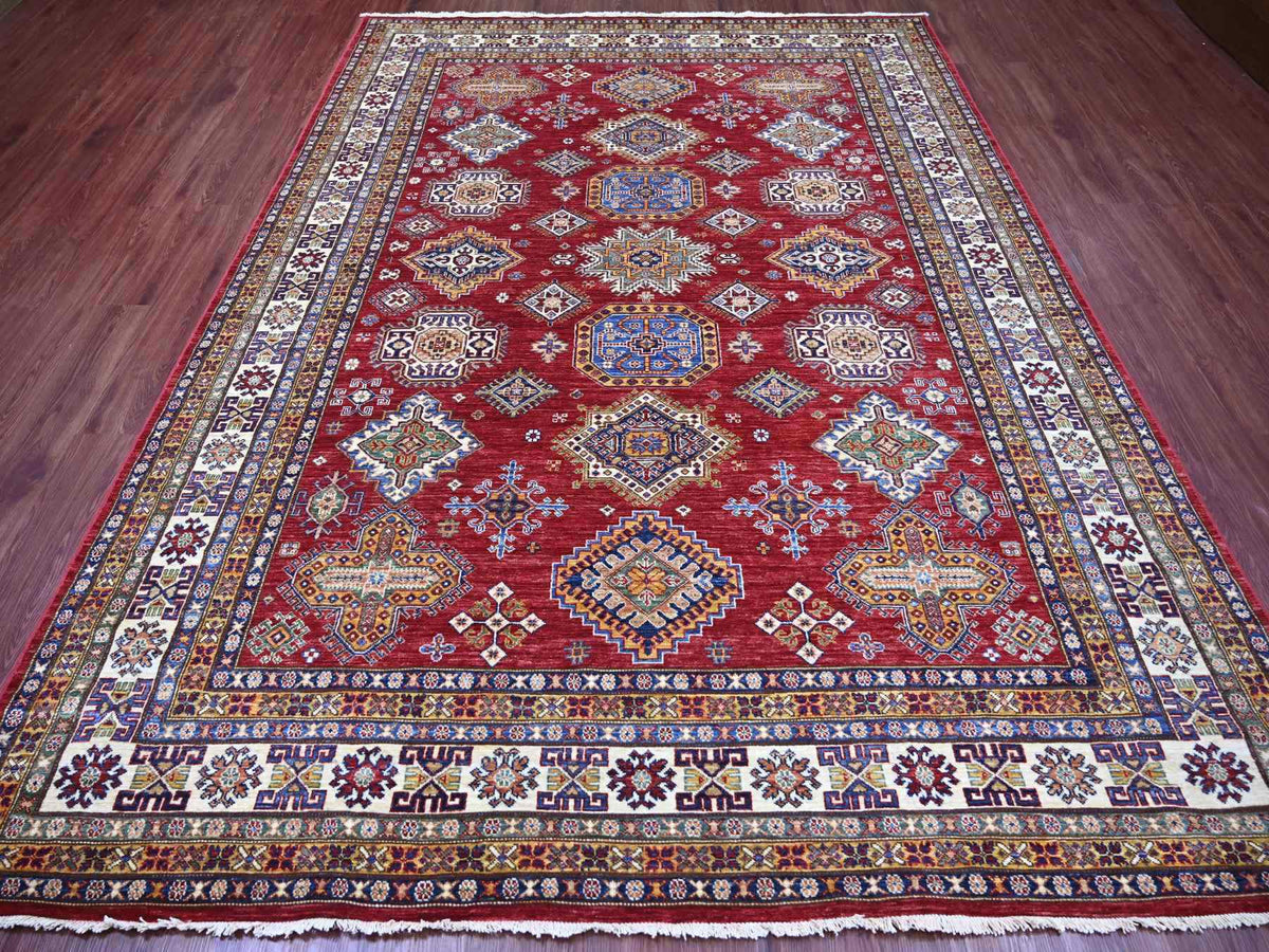 Kazak Tribal & Geometric hand-knotted wool rug in Red & Ivory, 7'10" x 10'6" — SKU O021263 (view 2)